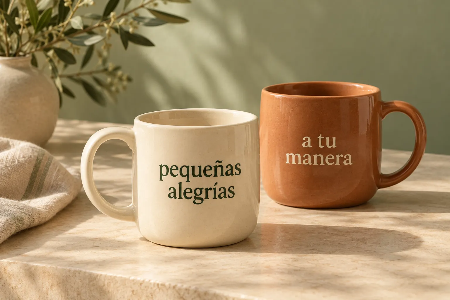 Tazas crema y terracota con las frases pequeñas alegrías y a tu manera sobre una mesa cálida